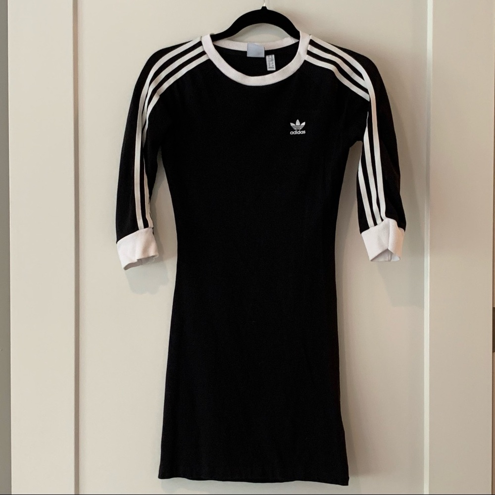 Addias Jersey knit logo dress. Xs Black with white stripes on the sleeve.